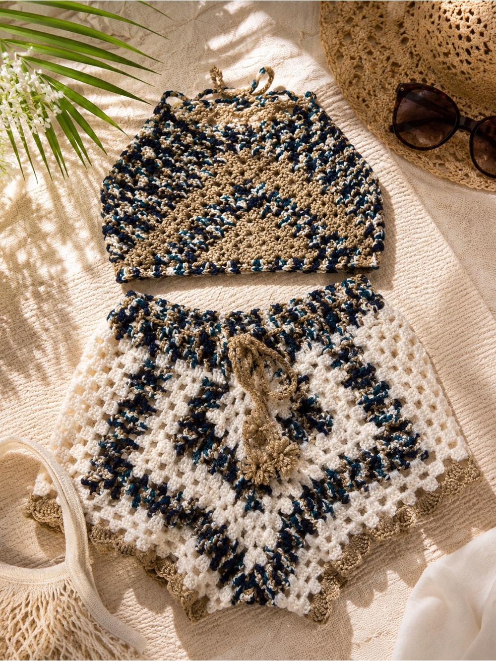 Crochet High-Waist Shorts Set - Blue, White & Tan - Picture 2 of 2